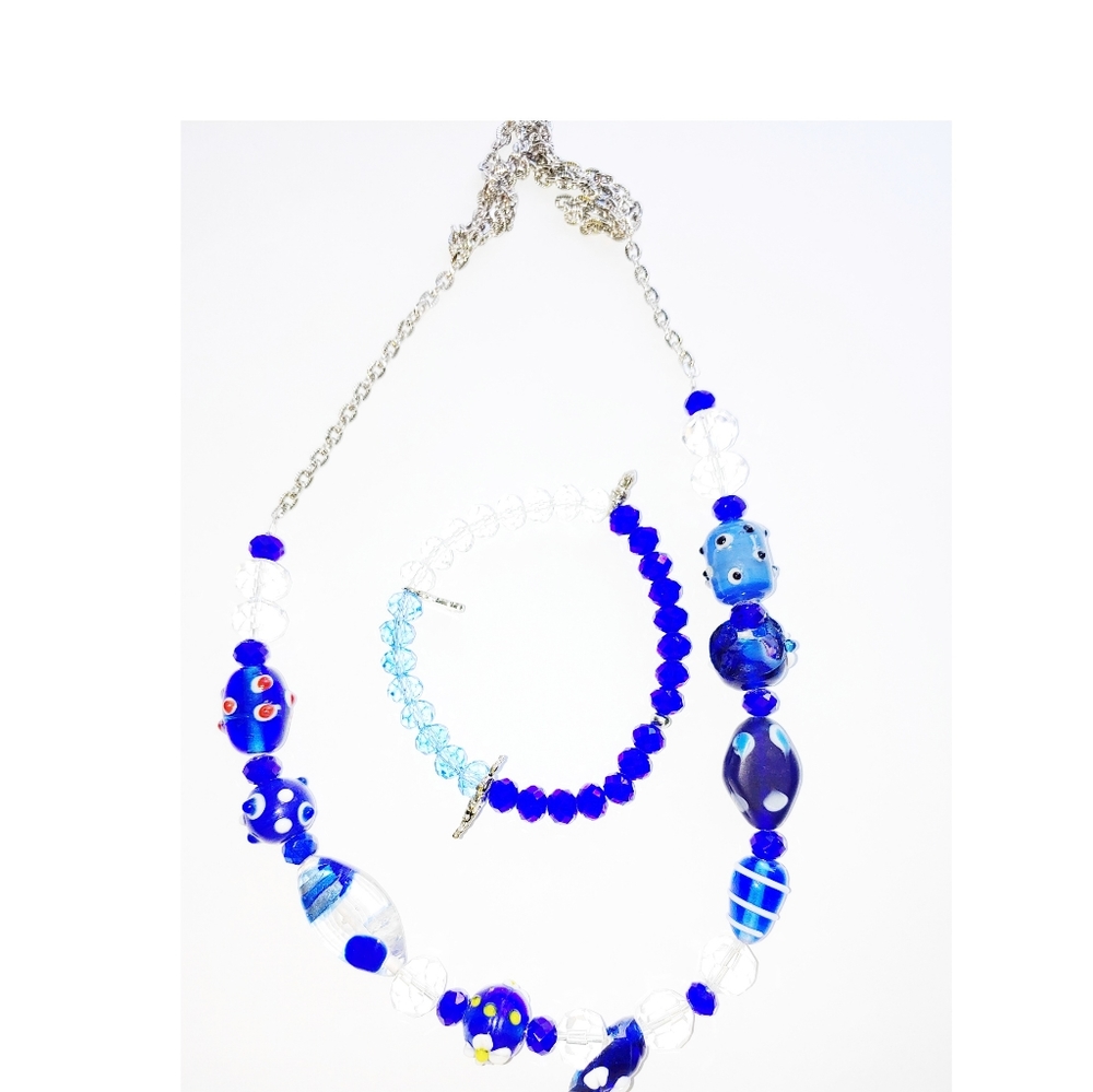 2472NB158 Handmade 2 Pc. Royal Blue & Clear Necklace Set